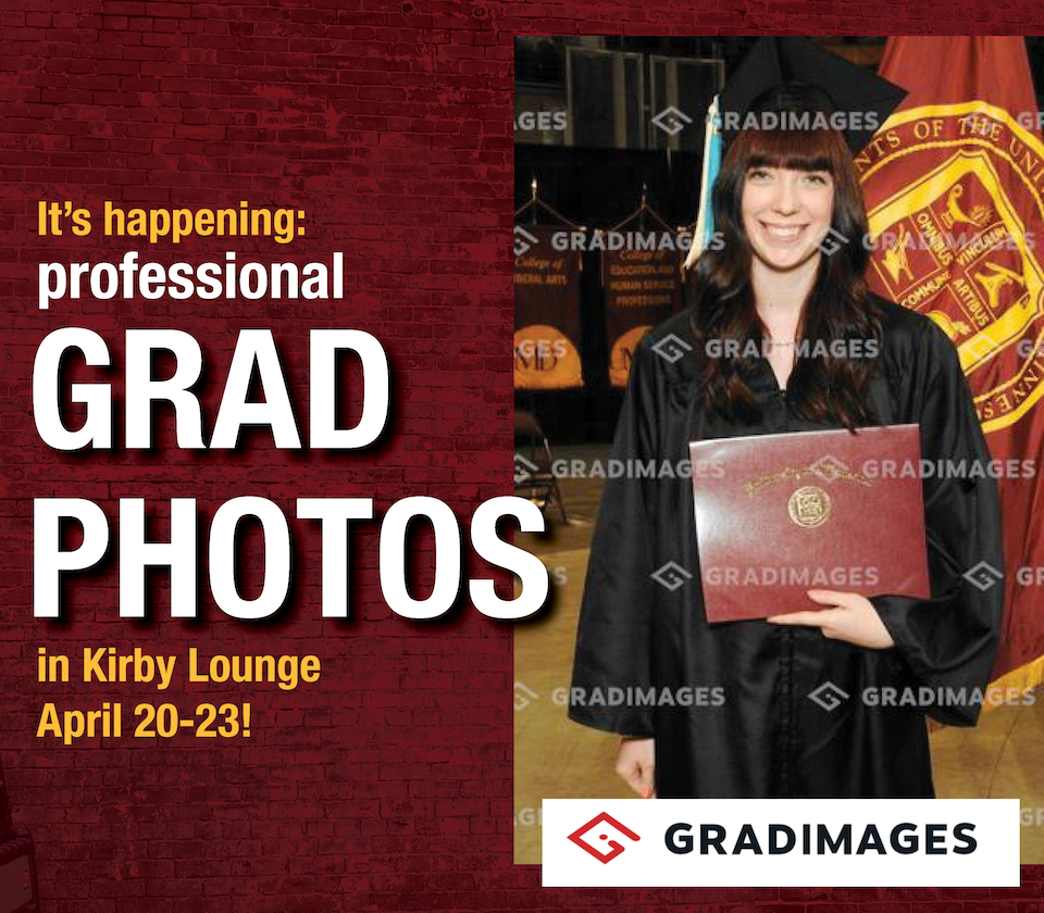 Grad photos in Kirby Lounge April 20-23